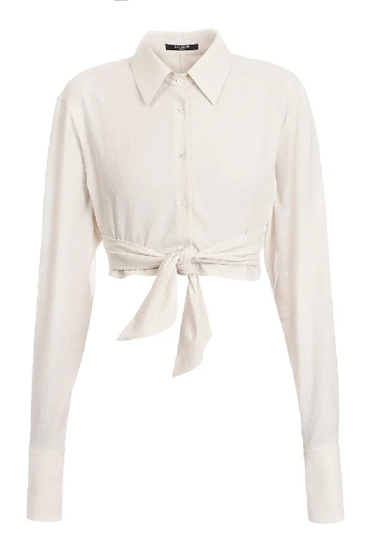 Long Sleeve Knotted Crop Top Collared Crop Top Boat Neck A-Line