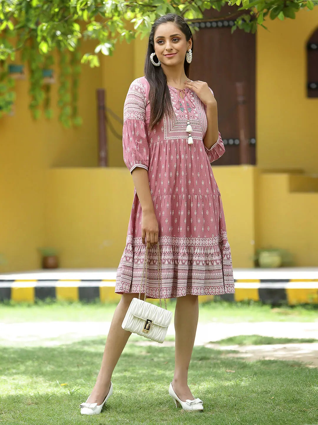 Juniper Onion Pink Rayon Festive Printed Tiered Dress For Women Tunics Sophisticated sleek