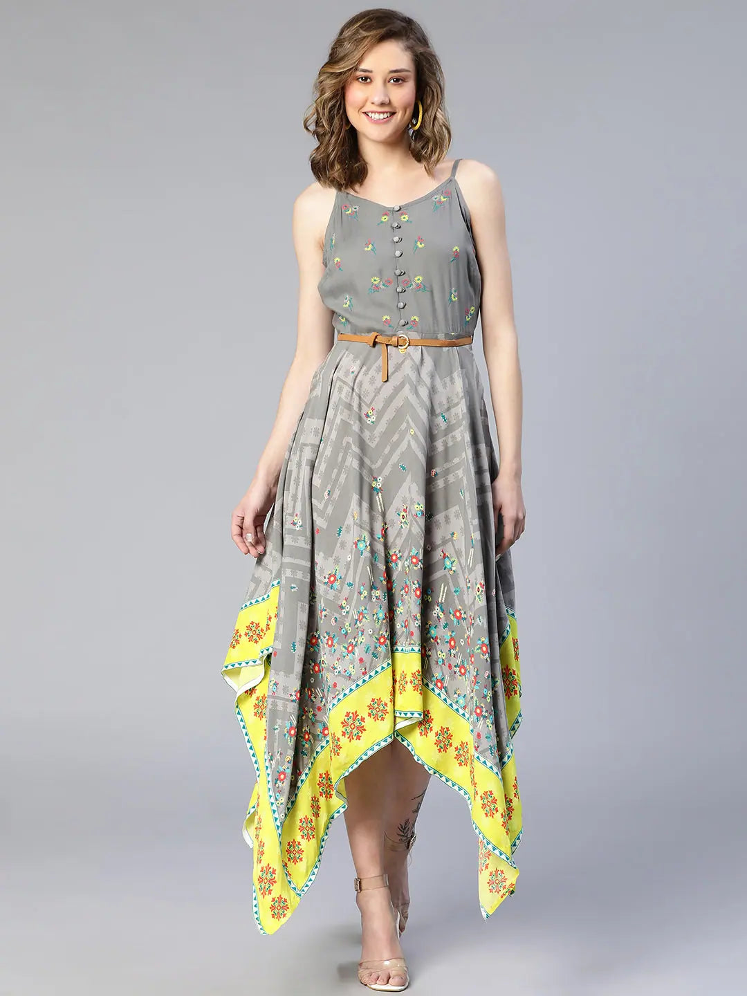 Imagined Grey Printed High-Low Women Dress Cowl Neckline Elegant