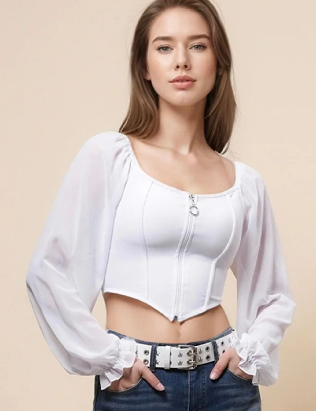 Ladies Solid Color Chiffone Sleeves Crop Top SKT4869 Satin Fabric Silk Fabric Chiffon Fabric