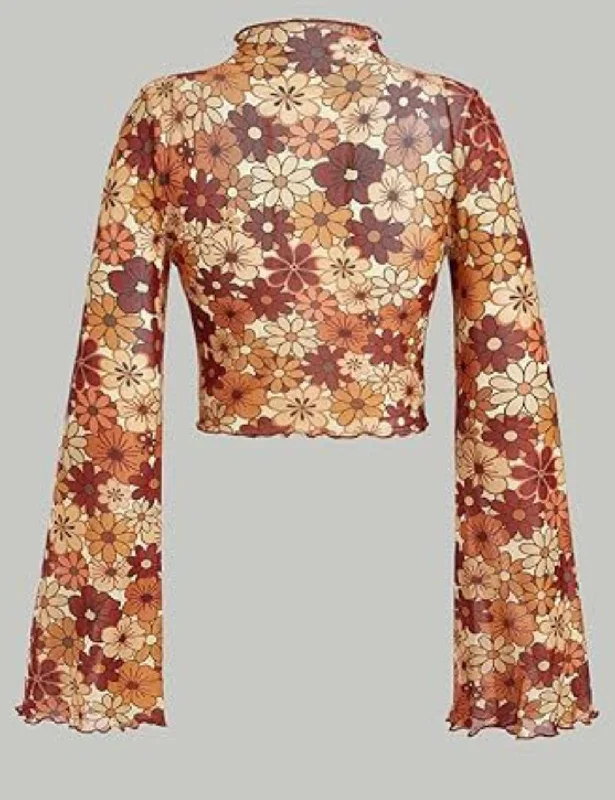 Ladies Print Flare Sleeves Mesh Crop Top SKT2417 Embroidered Appliqued Beaded