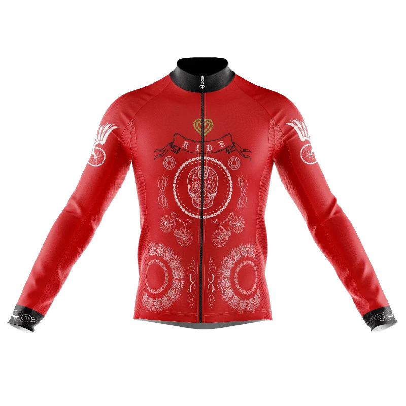 Skull & Gears Red Long Sleeve Cycling Jersey Silver Jersey Tee