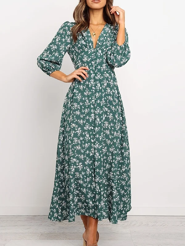 Vintage Ditsy Floral Lantern Long Sleeve Button High Waist Dresses Turtleneck Neckline Stylish
