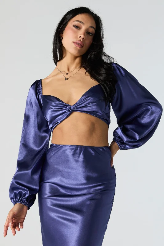 Satin Front Twist Long Sleeve Crop Top Plaid Crop Top Polka Dot Checkered