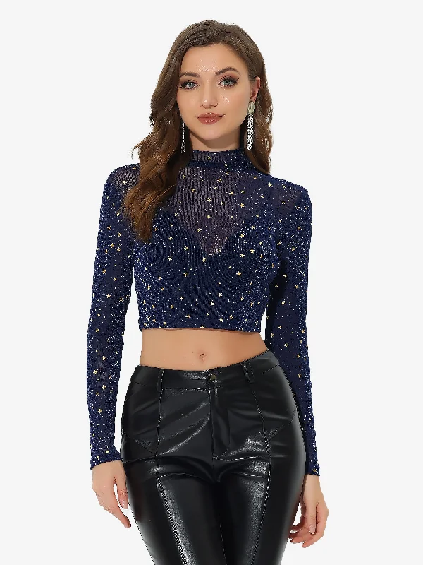 Mesh Crop Top Stars Mock Neck Party See Through Blouse Houndstooth Herringbone Solid