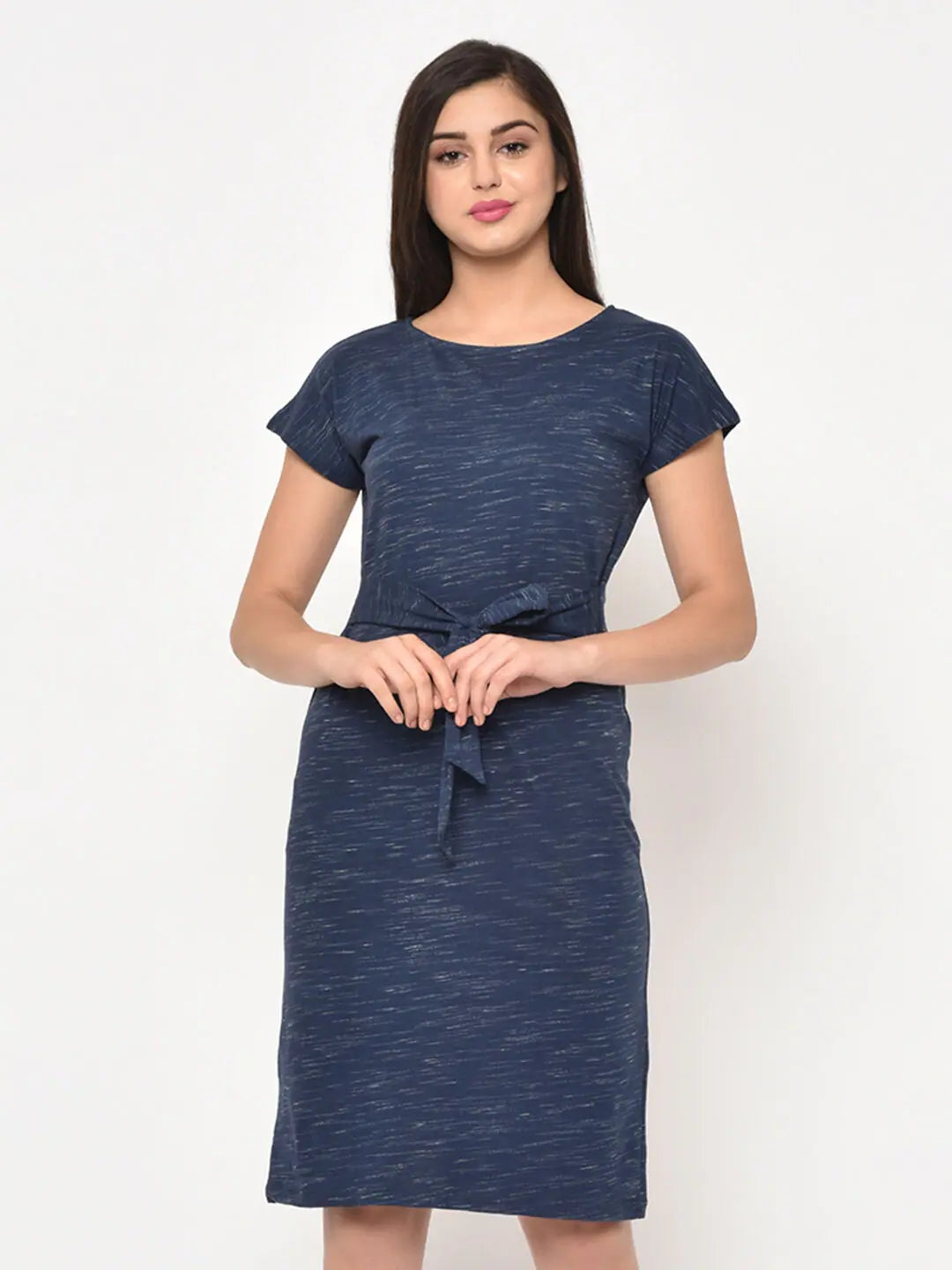 Rigo Blue Slub Scoop Neck Knee Length Dress For Women Halter Neckline Beach