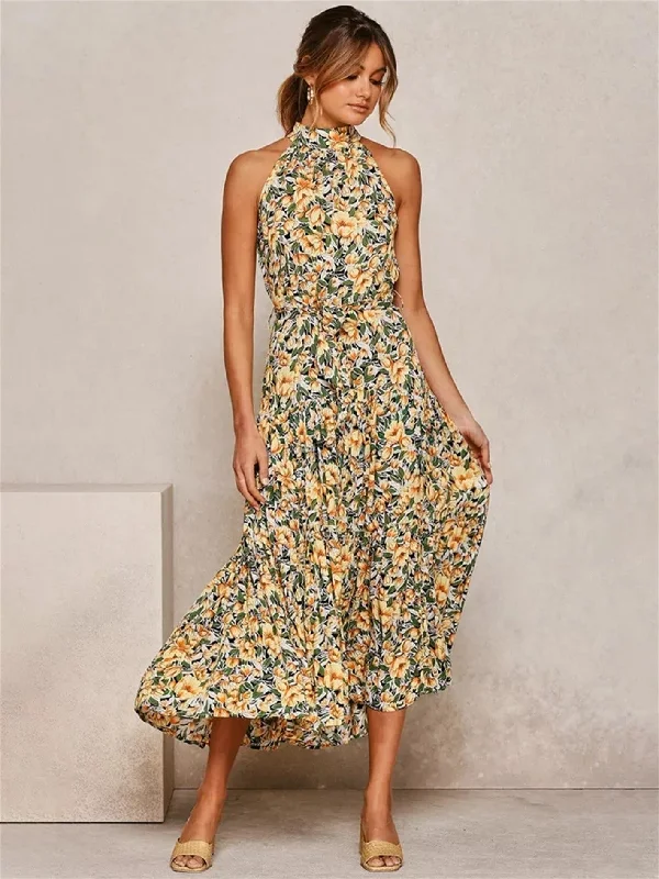Halter Strapless Neck Floral Print Summer Vacation Dresses Tunics Stylish modern