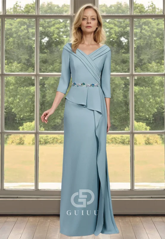 Mist A-Line V-Neck Half Sleeves Empire-Waist Floor-Length Satin Mother of the Bride Dress Tunics Bestseller popular