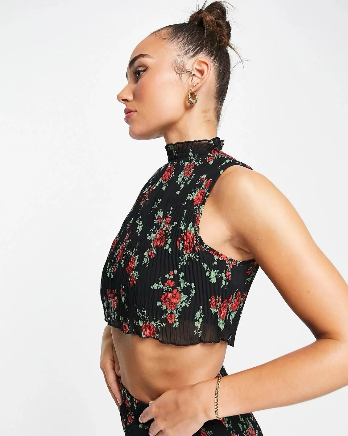 FLORAL PRINT PLEATED COORD SET- CROP TOP Spandex Blend Rayon Blend Denim Blend