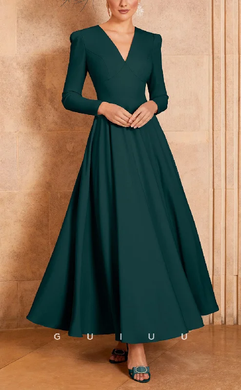GM729 - Classic & Timeless A-Line V-Neck Long Sleeves Draped Ankle-Lgength Mother of the Bride Dress Tunics Summer linen