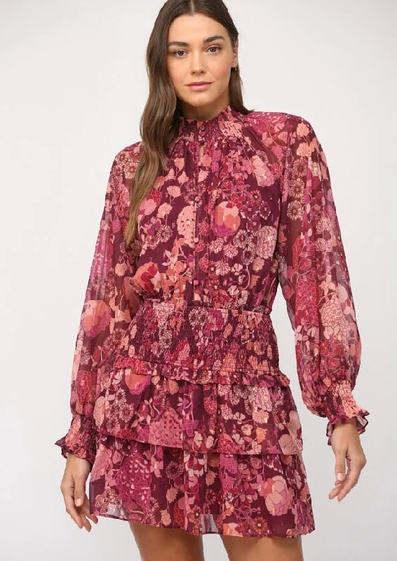 chiffon floral lurex smocked waist dress Tunics Luxurious high-end