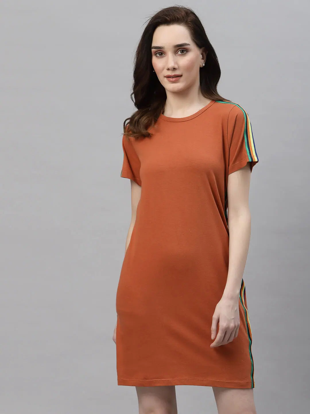 Rigo Women Rust Orange Round Neck Side Tape Dress Shift Classic Vintage