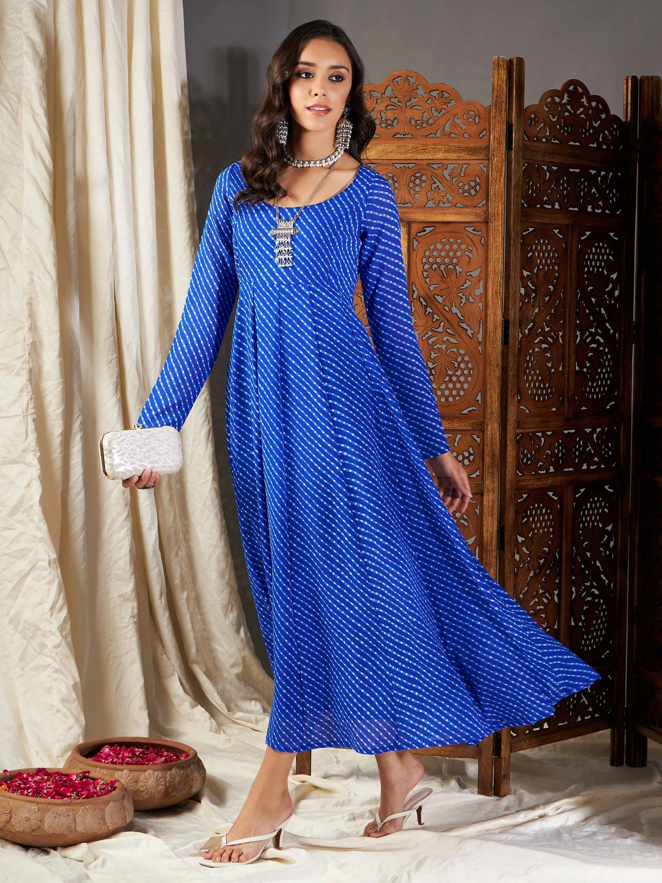 Women Blue Lehariya Anarkali Dress Tunics Floral girly