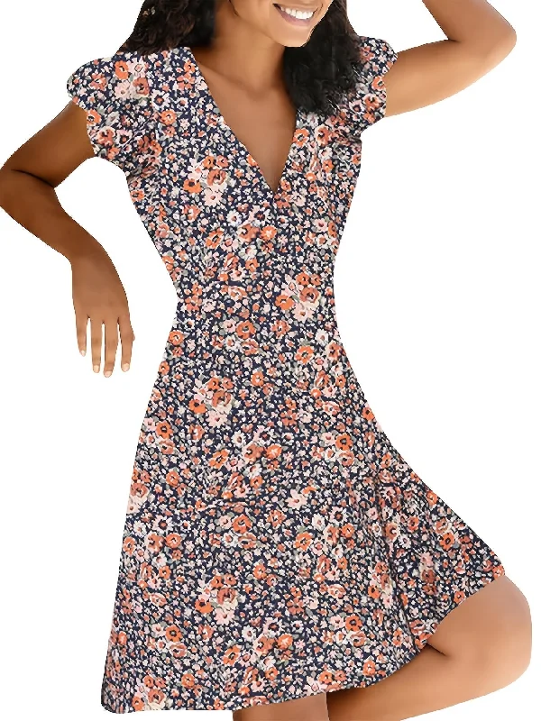 Floral Print V Neck Slim Short Sleeve Casual Every Day Dress For Fall Spring Tunics Custom made