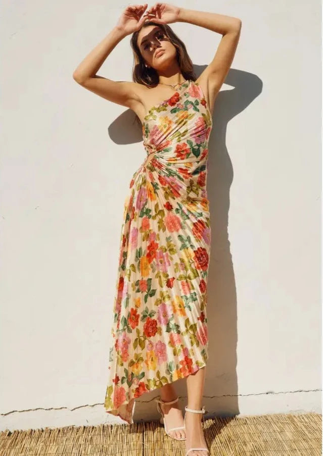 asymmetrical pleat one shoulder floral dress Tunics Spring floral