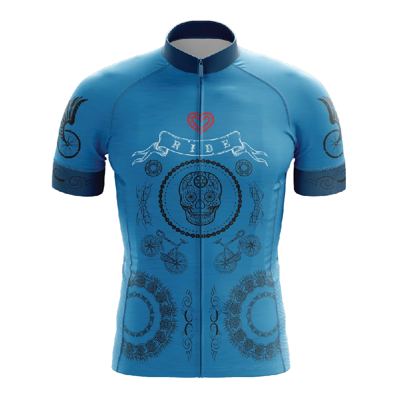 Skull & Gears Blue Short Sleeve Cycling Jersey Classic Jersey Tee