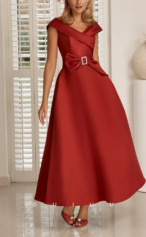 GM720 - Elegant & Dramatic A-Line Off Shoulder Bowknot with Sash Ankle-Length Mother of the Bride Dress Tunics Sophisticated sleek