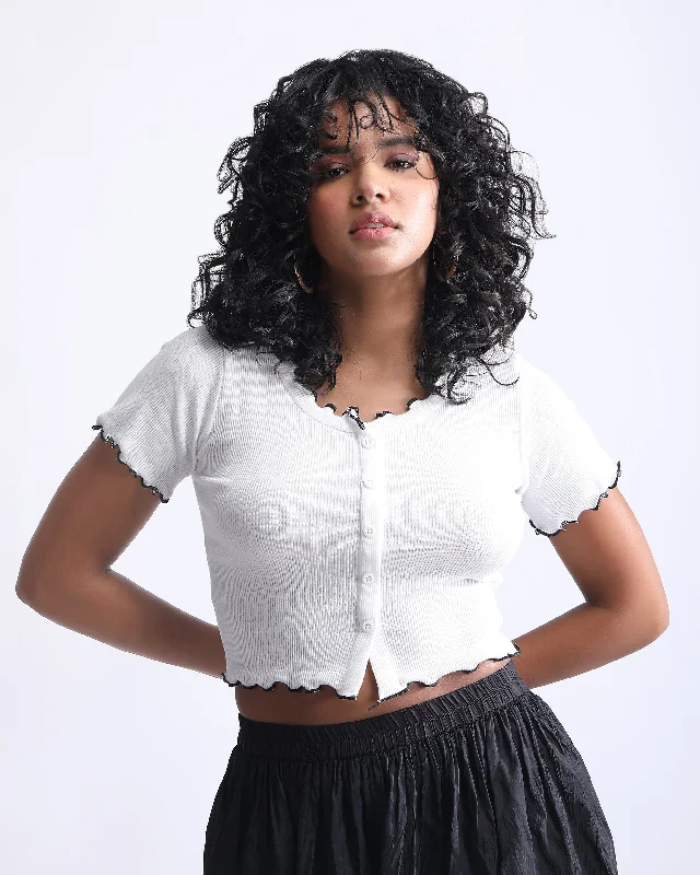 RIBBED BUTTON UP CROP TOP Real Fur Shearling Chenille