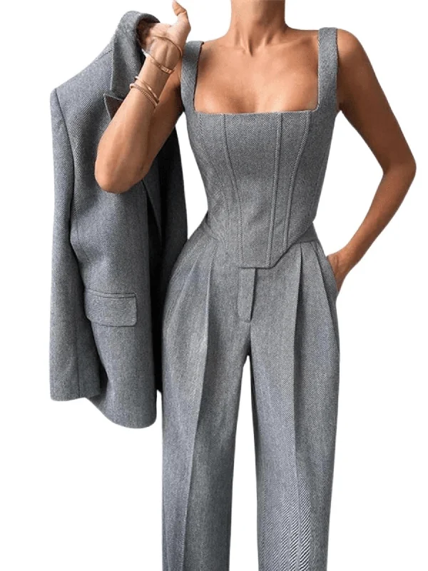 Fish Bone Top Blazer Pants Sets 3 Pieces For Women Solid One Button Jacket Crop Tops High Waist Pocket Pants Lady Office Set Crop Top Seamless Stretchy