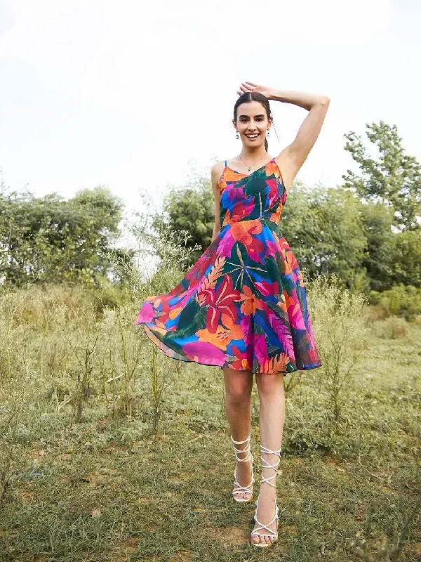 Back tie spaghetti Dress in Blue color Print Tunics Ceremony elegant