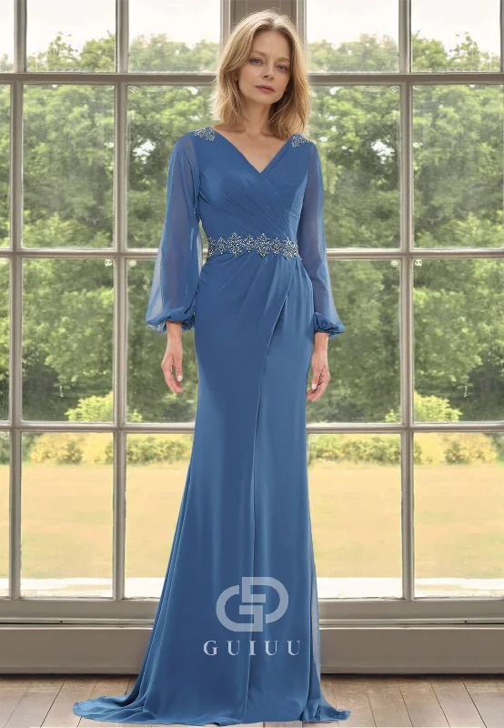 Simple A-Line Long Sleeves V-Neck Empire-Waist Floor-Length Chiffon Mother of the Bride Dress Tunics Winter warm