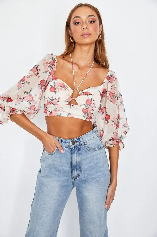 Chiffon Balloon Sleeved Bustier Crop Top Mesh Blend Leather Blend Suede Blend