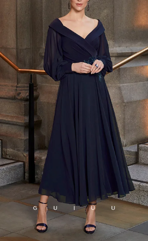 GM707 - Elegant & Classic A-Line V-Neck Long Bell Sleeves Ankle-Length Draped Mother of the Bride Dress Tunics Bestseller popular
