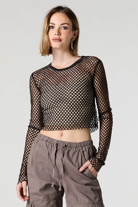 Wide Fishnet Long Sleeve Crop Top Asymmetrical Pockets Print