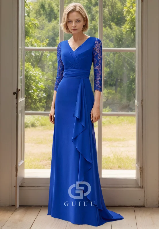 A-Line V-Neck 3/4 Sleeves Empire-Waist Floor-Length Mother of the Bride Dress Tunics Denim casual