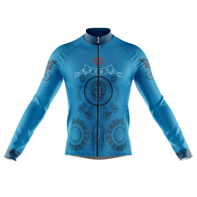 Skull & Gears Blue Long Sleeve Cycling Jersey Ash Gray Jersey Tee