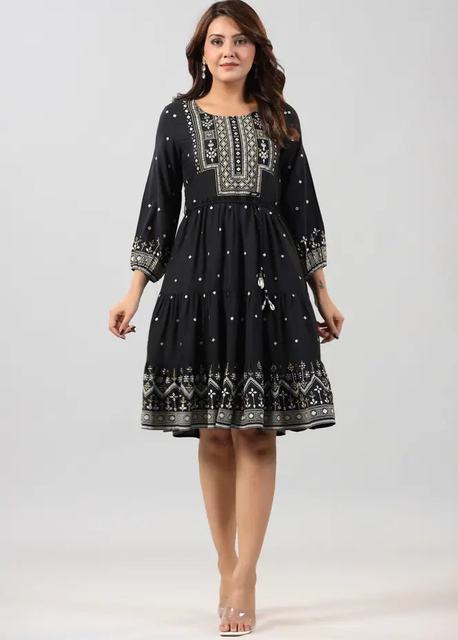 Juniper Women Black Rayon Printed Short Tiered Dress Tunics Lace romantic