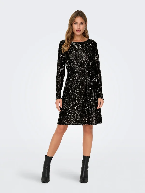 Γυναικείο φόρεμα παγιέτα ONLANA L/S BELT SEQUINS DRESS JRS 15333851 | 15333851 Off-the-shoulder Chic Trendy