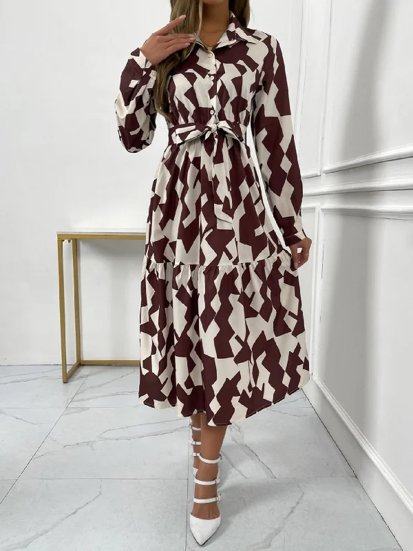 Casual Geometric Print Elegant V Neck Fashion Belt Dress Tunics Review highly