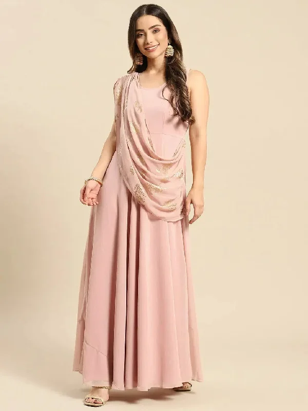 Long flare dress with dupatta drape in Powder Pink Tunics Fashionable chic