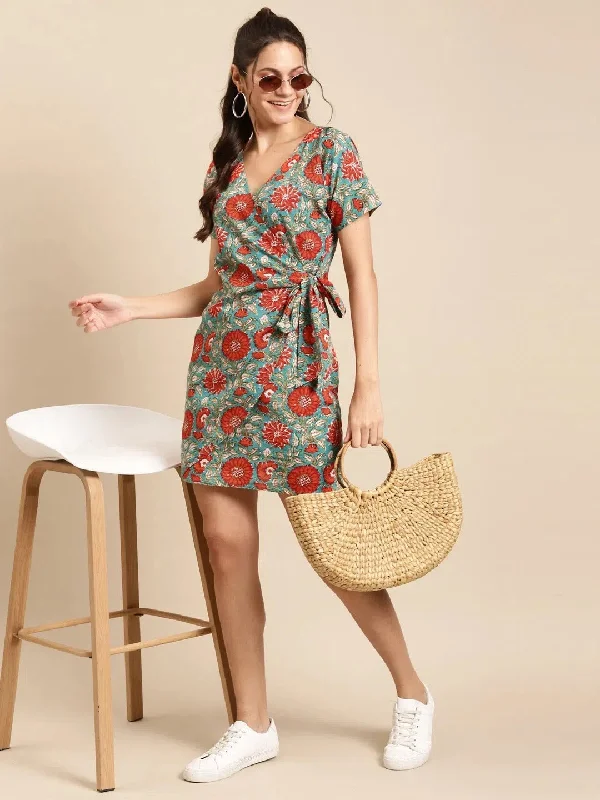 Mini Overlap Tie Shift Dress Cowl Neckline Elegant