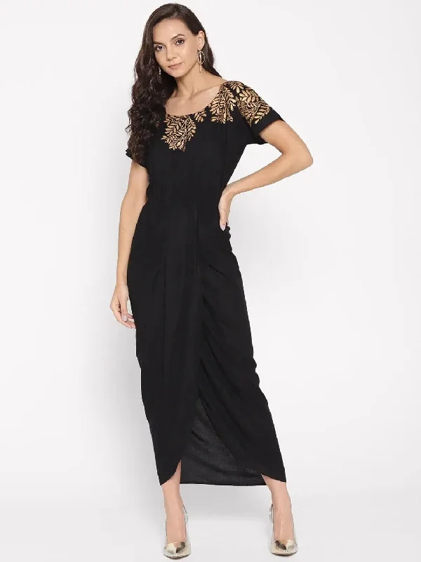 Gold Block Print Front Pleated side cowl dress in Black Tunics Versatile all-occasion