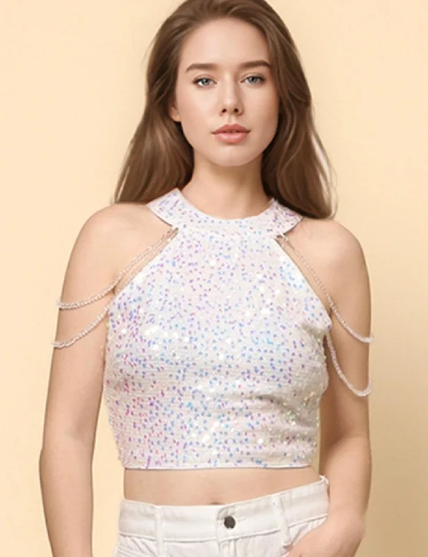 Ladies Shinny Sequin Beads Shoulder Halter Crop Top SKT4735 Striped Floral Plaid
