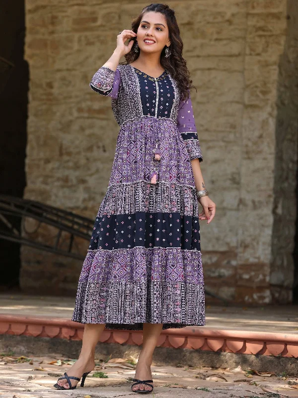 Juniper Women'S Lavender Printed Tiered Dress Square Neckline Feminine
