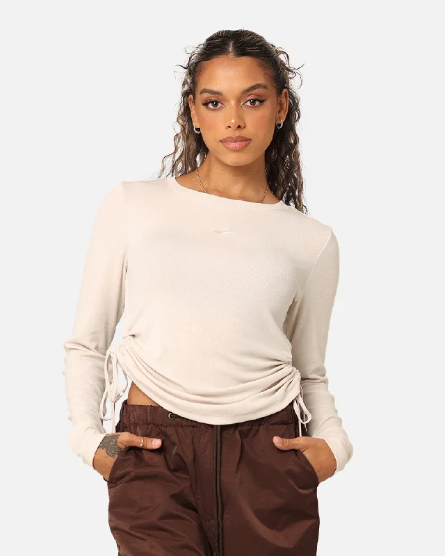 Nike Women's Sportswear Essential Ribbed Long Sleeve Mod Crop Top Light Orewood Brown/Sail Zippered Front Buttoned Front Snap Front