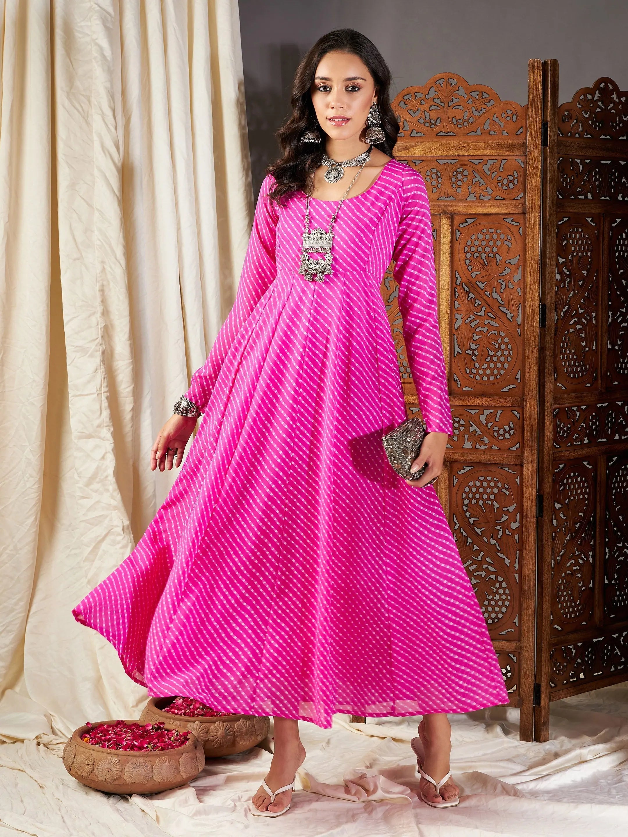 Women Pink Lehariya Anarkali Dress Tunics Distressed trendy