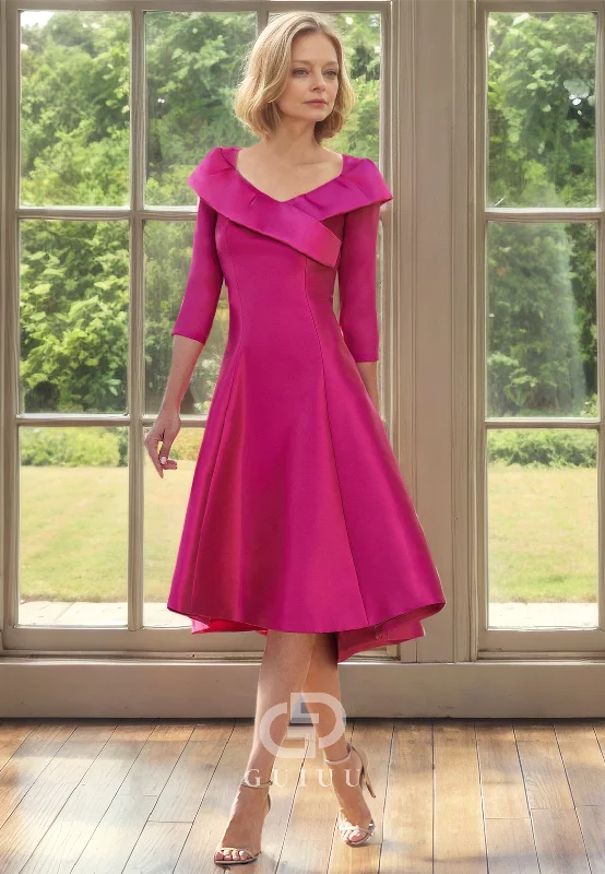 Fuchsia A-Line Half Sleeves V-Neck Knee-Length Mother of the Bride Dress Tunics stripes playful