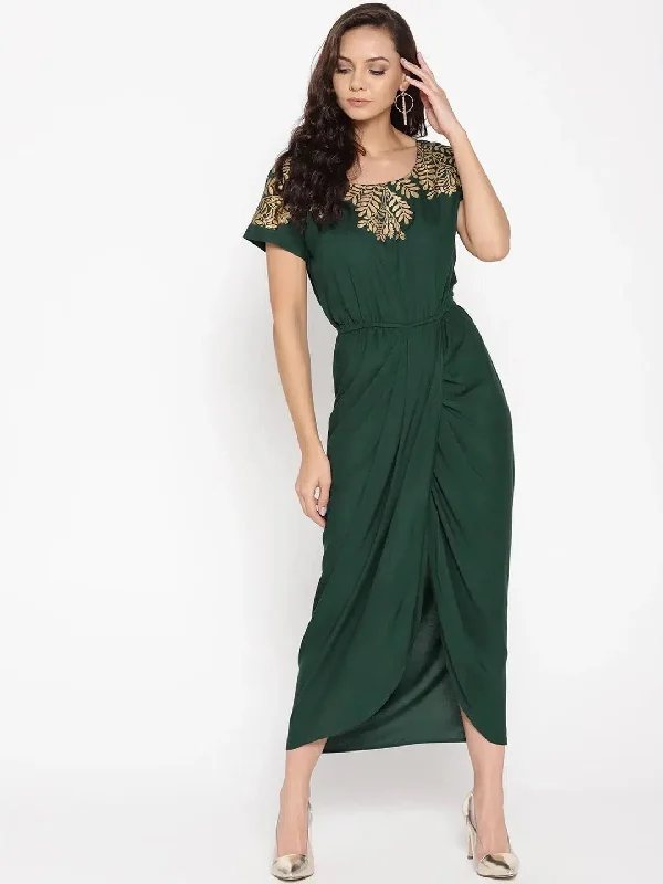 Gold Block Print Front Pleated side cowl dress in Bottle Green Tunics Fashionable chic