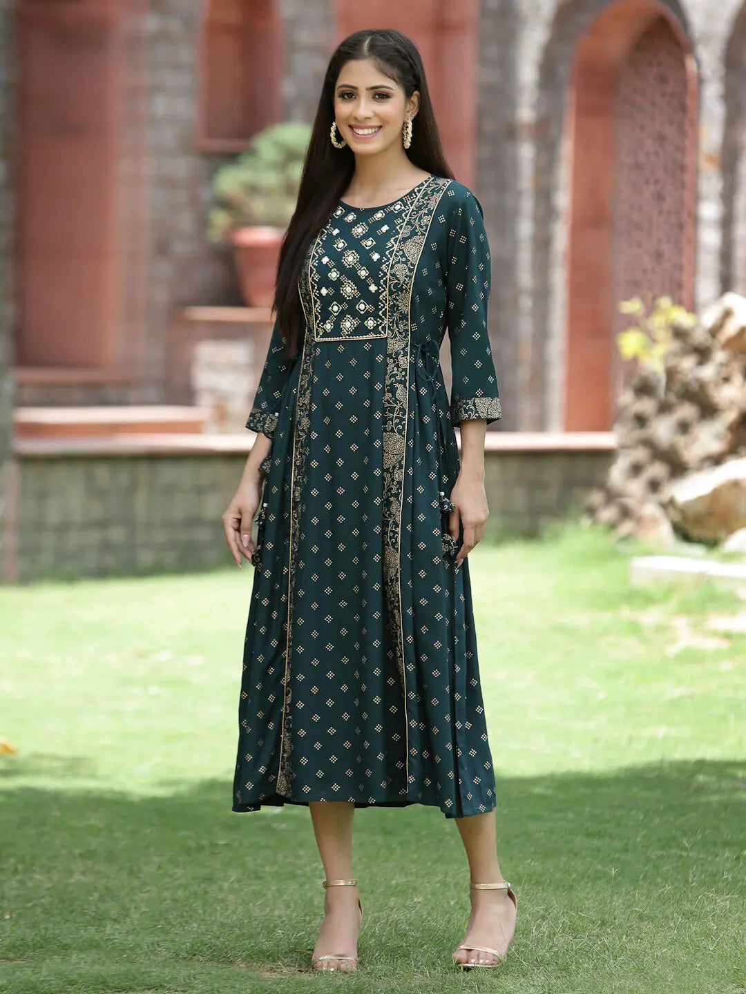 Juniper Bottle Green Rayon Festive Printed Embroidered Flared Dress For Women Tunics Favorite customer
