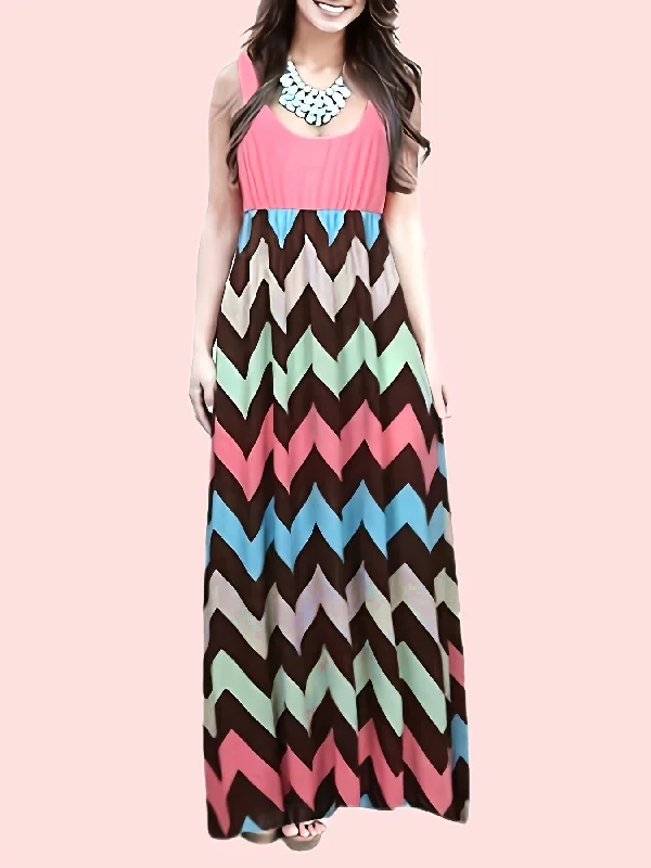 Casual Striped Sleeveless Maxi 
 Crew Neck Vest Dress, Casual Every Day Dress empire Waist empire