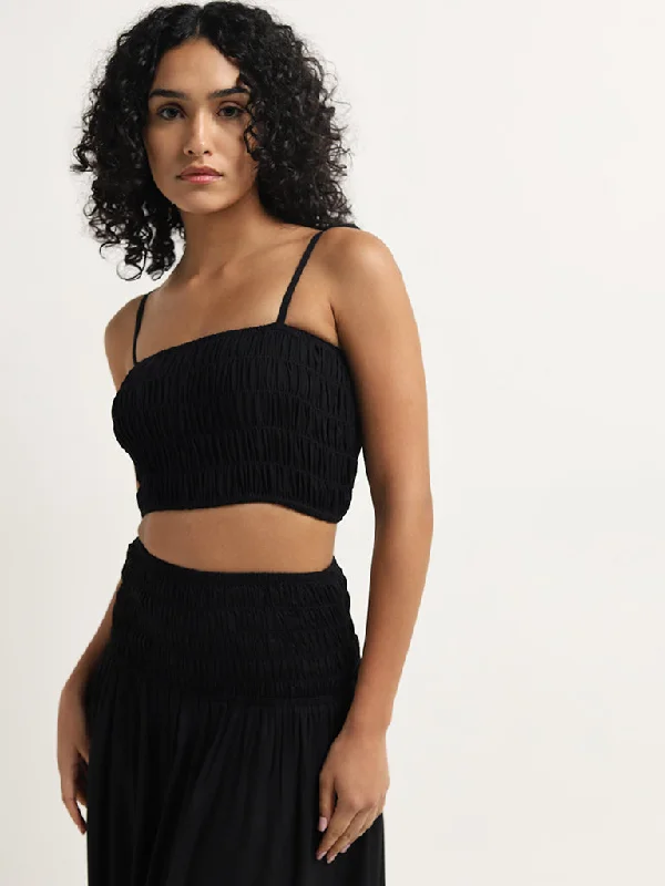 Wunderlove Black Smocked Cotton Crop Top Rayon Velvet Corduroy