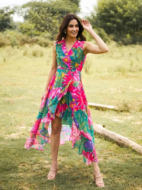 Overlap Frill Asymmetric Dress in Pink and Green Print Tunics Prom sequined
