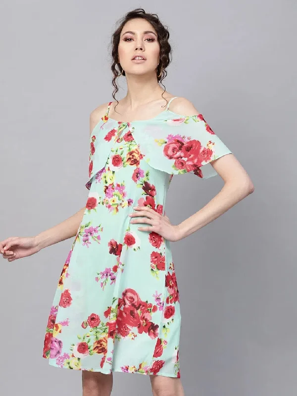 Aqua Floral Layered Fit & Flare Strap Dress Maxi Flowy Bohemian