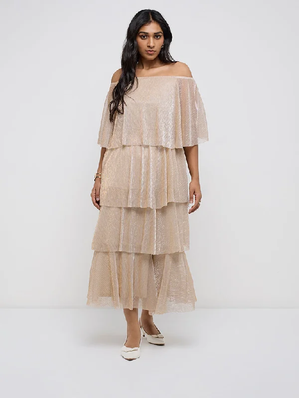 Gia Beige Shimmer-Detailed Tiered Dress Tunics Sophisticated sleek