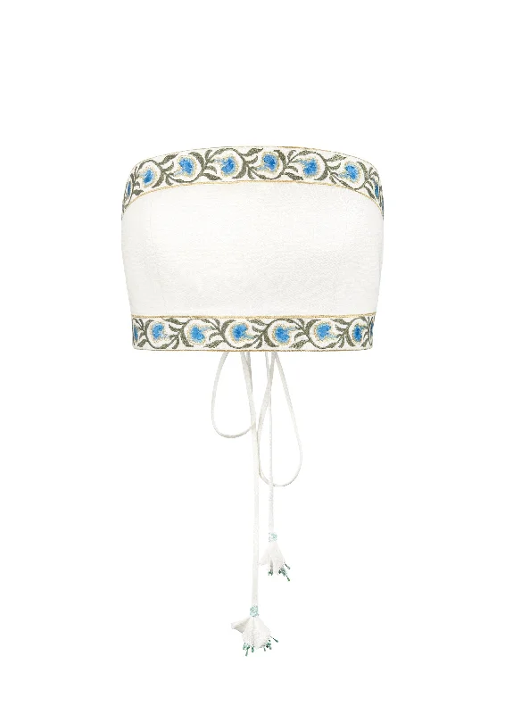 OTM Exclusive: Carnation Crop Top in White & Blue Print Jacquard Patchwork