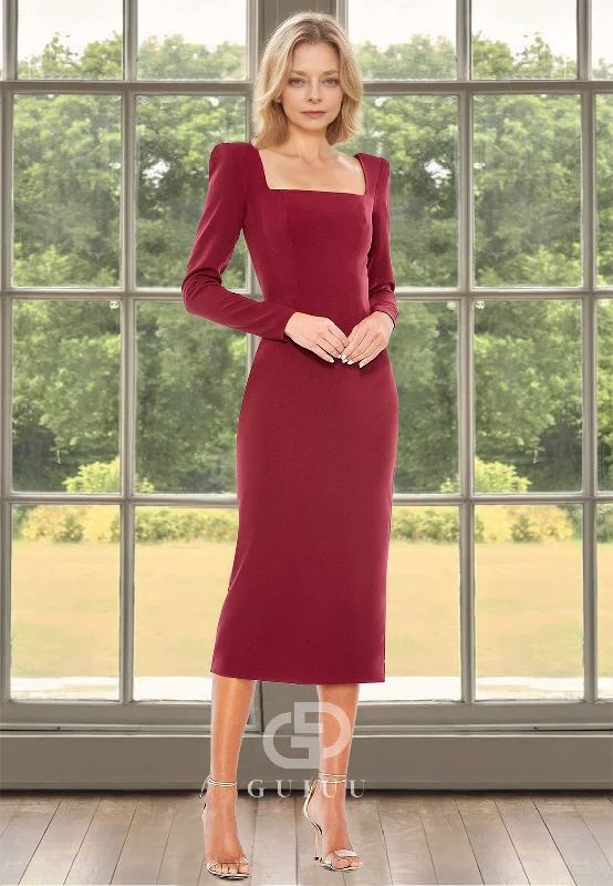 Mulberry Long Sleeves Square Knee Length Satin Mother of the Bride Dress Tunics Exclusive limited